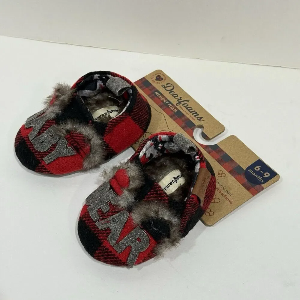 Dearfoams Unisex Kids' Slippers Baby Size 6/9 Months, Red Black Plaid NEW